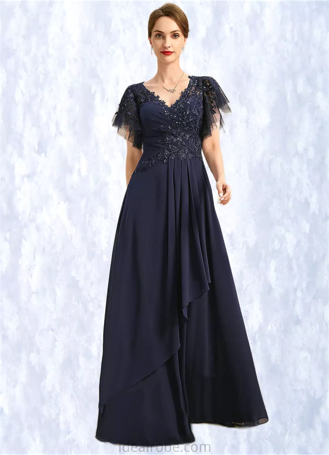 Adalyn A-line V-Neck Floor-Length Chiffon Lace Mother of the Bride Dress With Cascading Ruffles Sequins STKP0021738