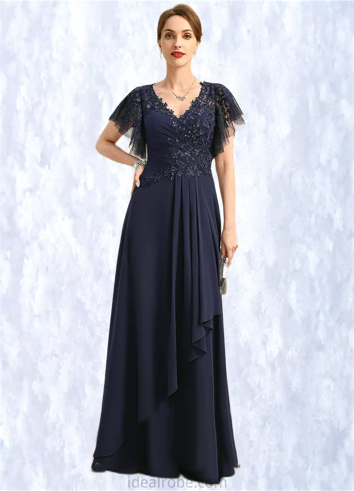 Adalyn A-line V-Neck Floor-Length Chiffon Lace Mother of the Bride Dress With Cascading Ruffles Sequins STKP0021738