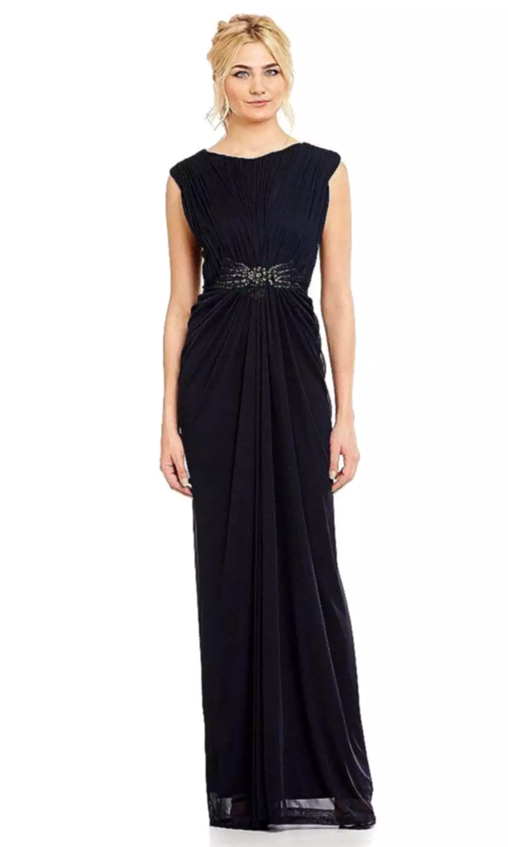 Adrianna Papell - 08G905560 Ruched Bateau Embellished Long Dress - 1 Pc INK in Size 12 Available