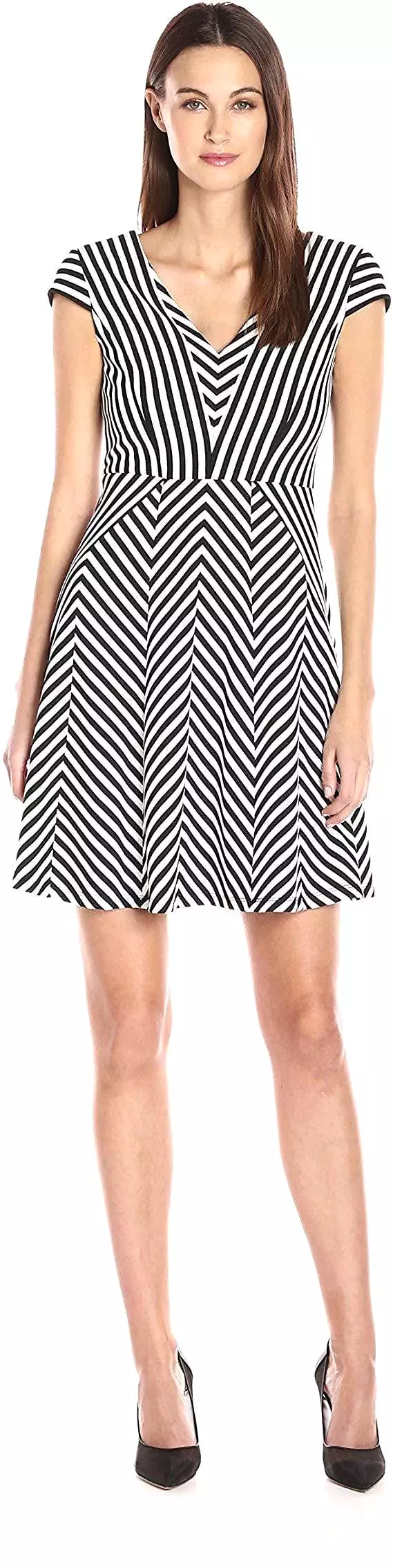 Adrianna Papell - AP1D100624 Striped V-Neck A-Line Short Dress