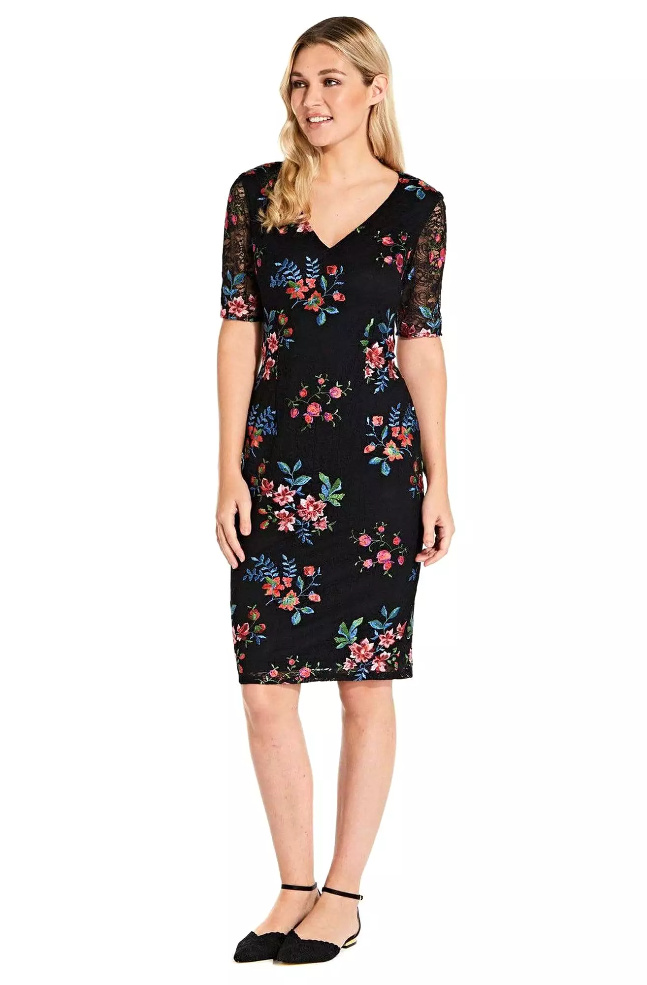 Adrianna Papell - AP1D102954 Floral Embroidered V-neck Sheath Dress