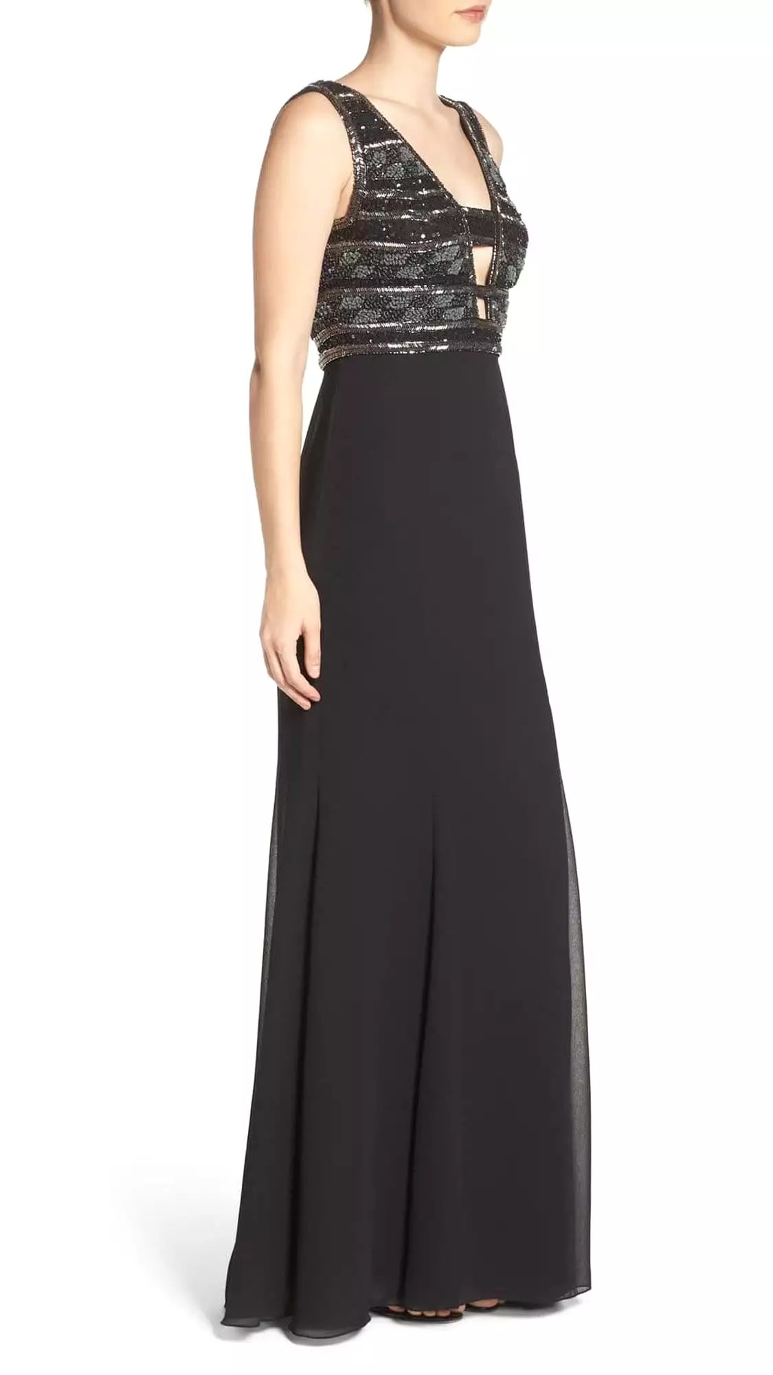 Adrianna Papell - AP1E201342 Ornate Plunging Sheath Dress in Black - 1 Pc Black in Size 16 Available