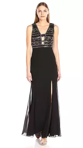 Adrianna Papell - AP1E201342 Ornate Plunging Sheath Dress in Black - 1 Pc Black in Size 16 Available