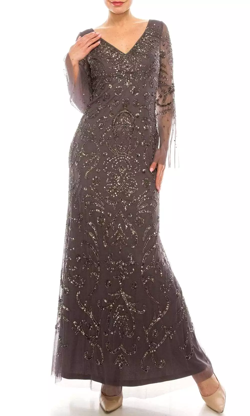 Adrianna Papell - AP1E206204 V Neck Embellished Evening Gown