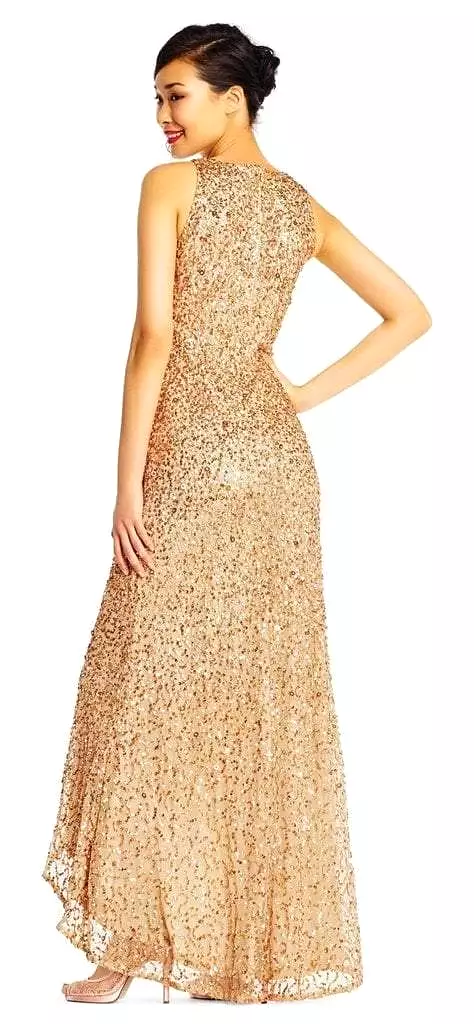 Adrianna Papell - High Low Sequin Beaded Sleeveless Gown AP1E201754 - 1 pc Champagne Gold In Size 16 Available