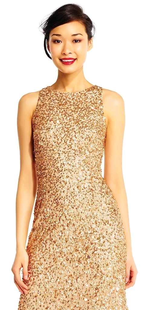 Adrianna Papell - High Low Sequin Beaded Sleeveless Gown AP1E201754 - 1 pc Champagne Gold In Size 16 Available