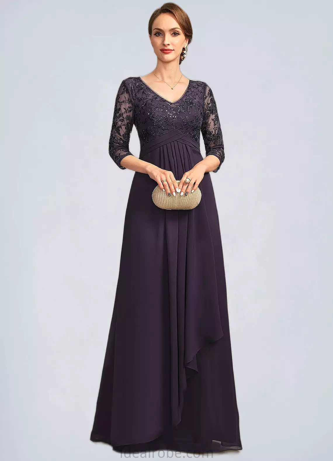 Alexia A-line V-Neck Floor-Length Chiffon Lace Mother of the Bride Dress With Cascading Ruffles Sequins STKP0021796