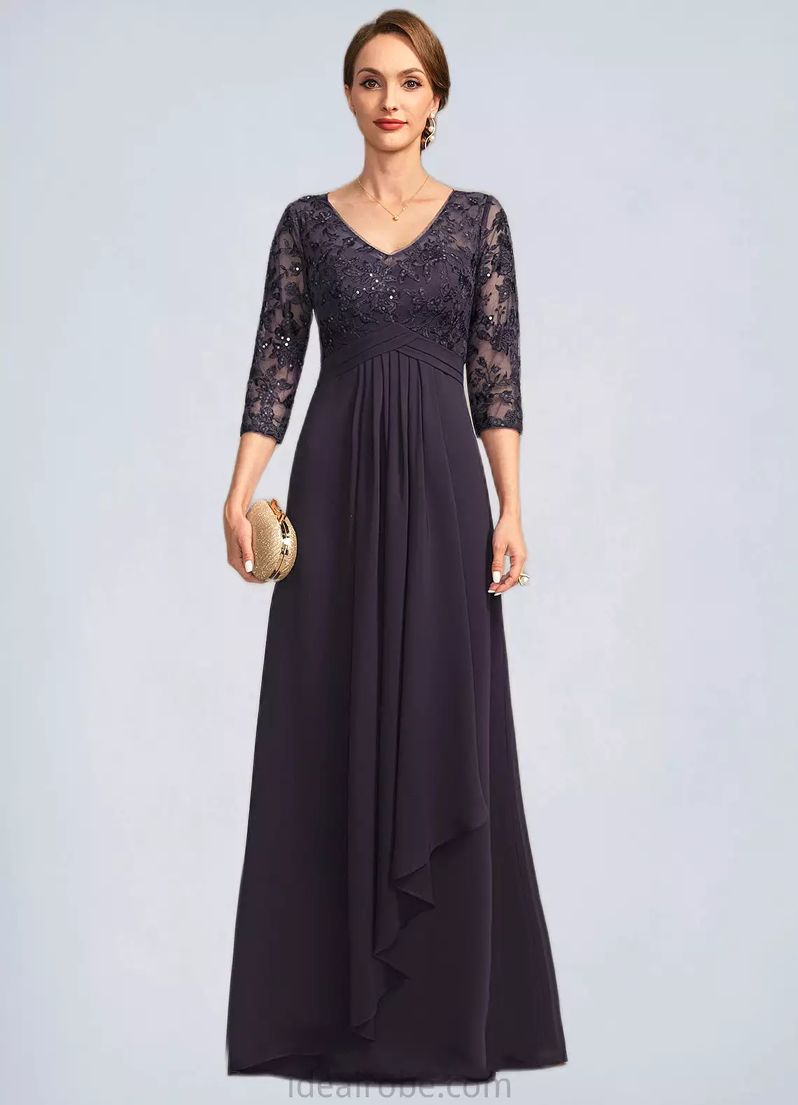 Alexia A-line V-Neck Floor-Length Chiffon Lace Mother of the Bride Dress With Cascading Ruffles Sequins STKP0021796