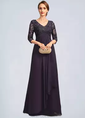 Alexia A-line V-Neck Floor-Length Chiffon Lace Mother of the Bride Dress With Cascading Ruffles Sequins STKP0021796