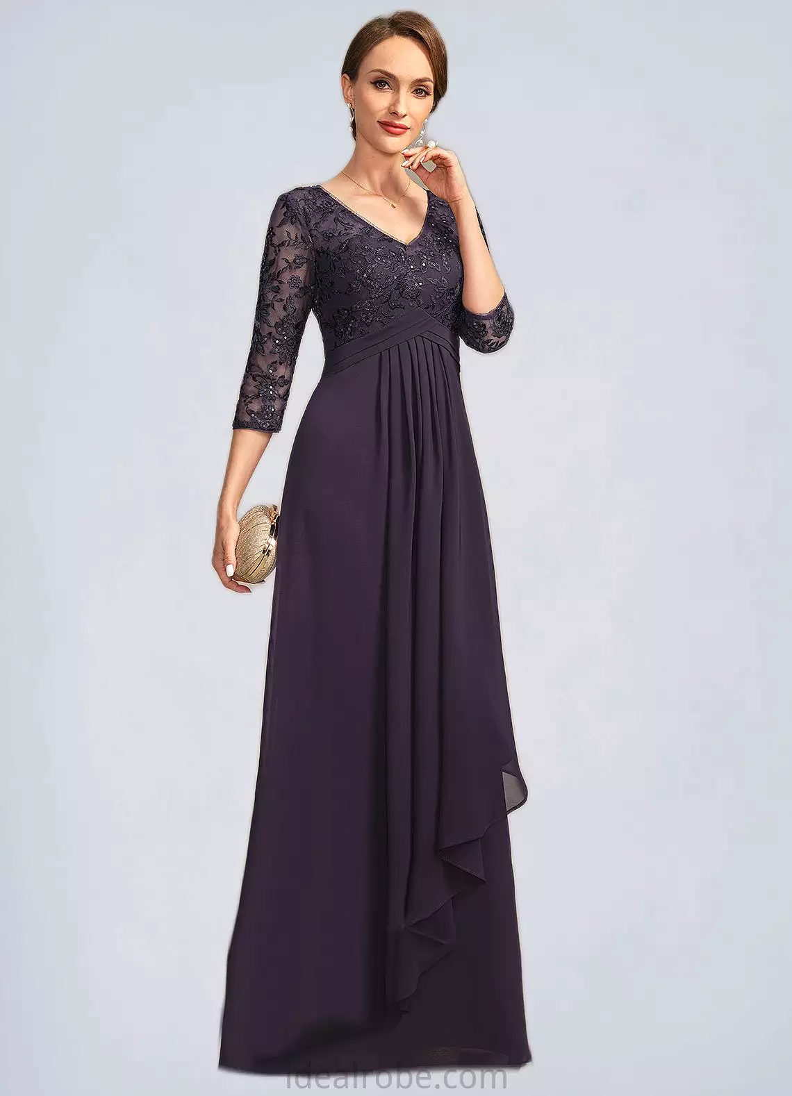 Alexia A-line V-Neck Floor-Length Chiffon Lace Mother of the Bride Dress With Cascading Ruffles Sequins STKP0021796