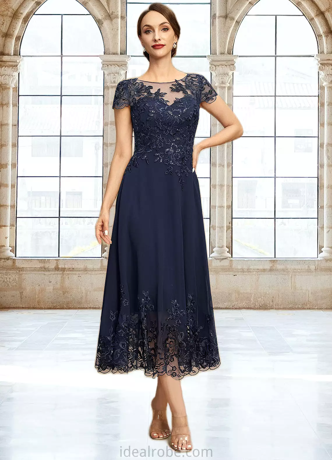 Allison A-line Scoop Illusion Tea-Length Chiffon Lace Mother of the Bride Dress With Sequins STKP0021664