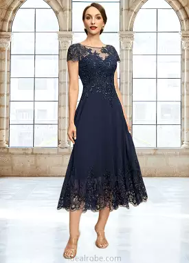 Allison A-line Scoop Illusion Tea-Length Chiffon Lace Mother of the Bride Dress With Sequins STKP0021664