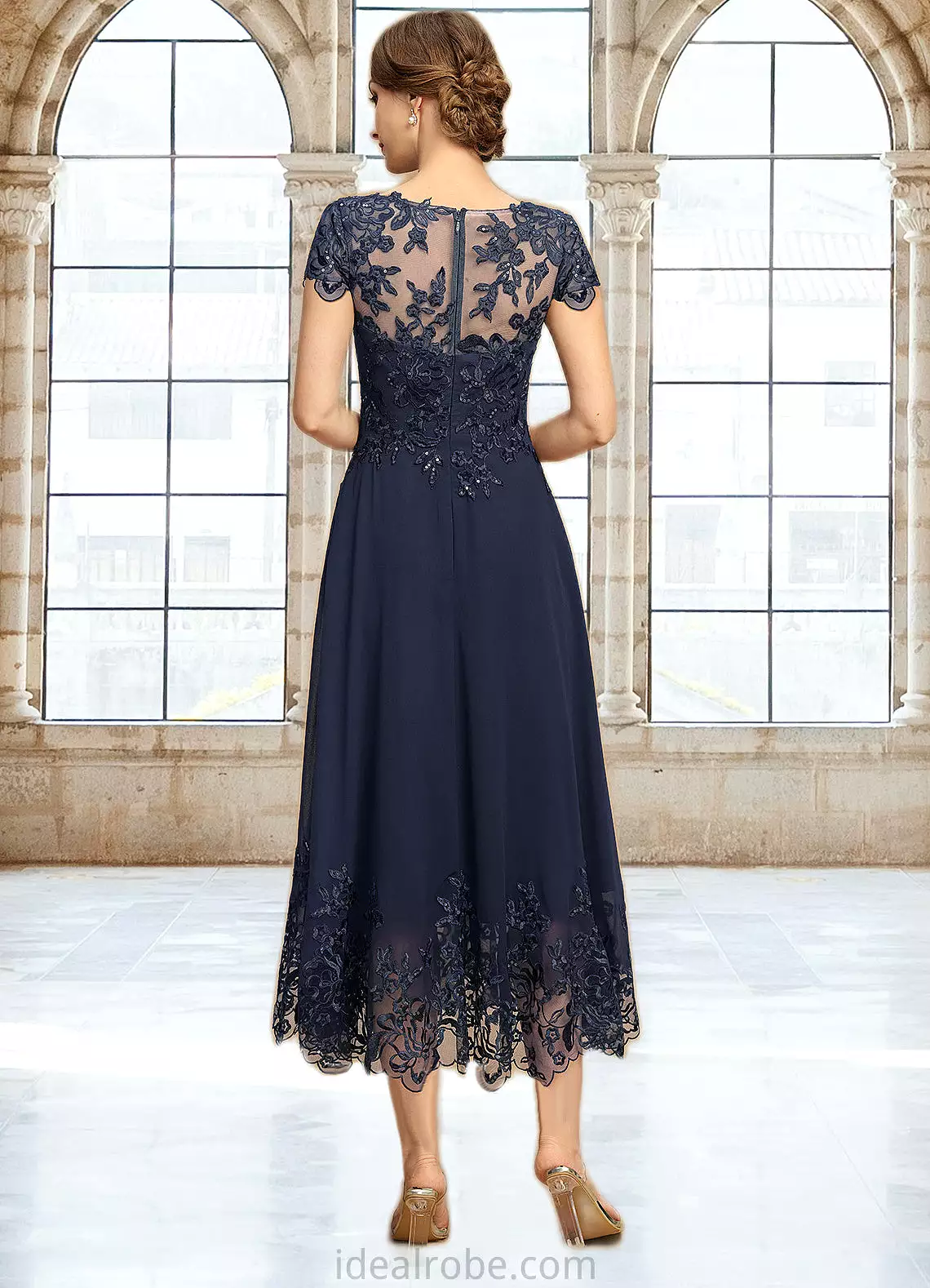 Allison A-line Scoop Illusion Tea-Length Chiffon Lace Mother of the Bride Dress With Sequins STKP0021664