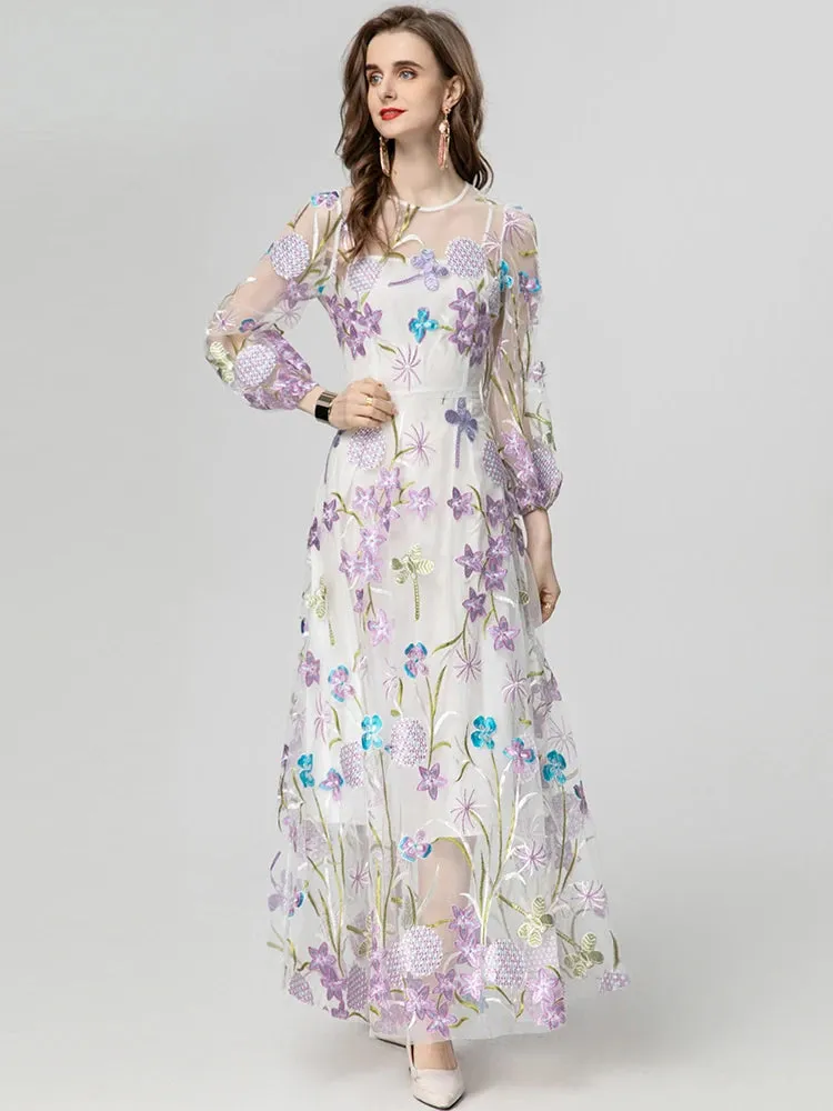 Amani O-Neck Lantern Sleeve Floral Embroidery Elegant Party Dress