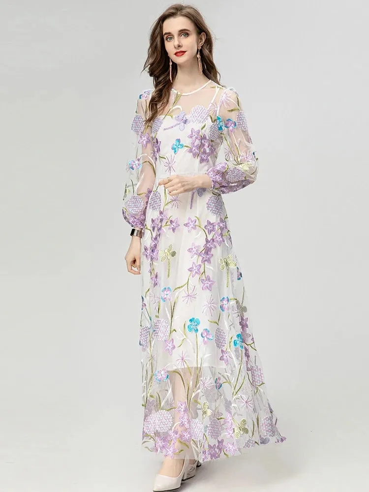 Amani O-Neck Lantern Sleeve Floral Embroidery Elegant Party Dress