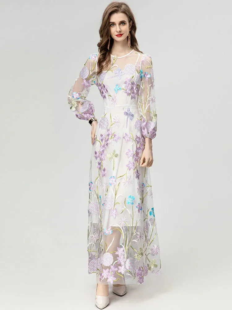 Amani O-Neck Lantern Sleeve Floral Embroidery Elegant Party Dress