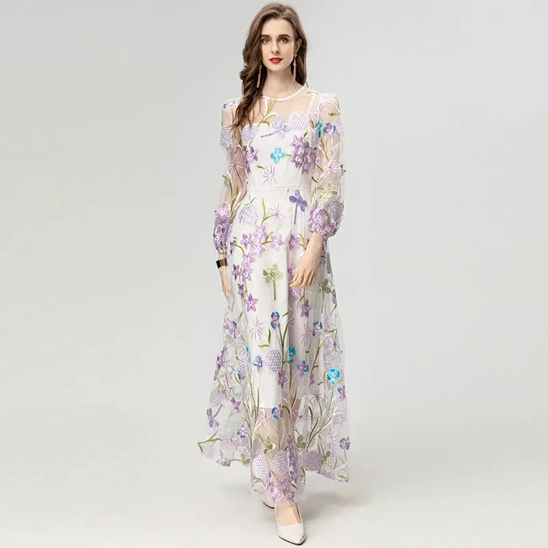 Amani O-Neck Lantern Sleeve Floral Embroidery Elegant Party Dress