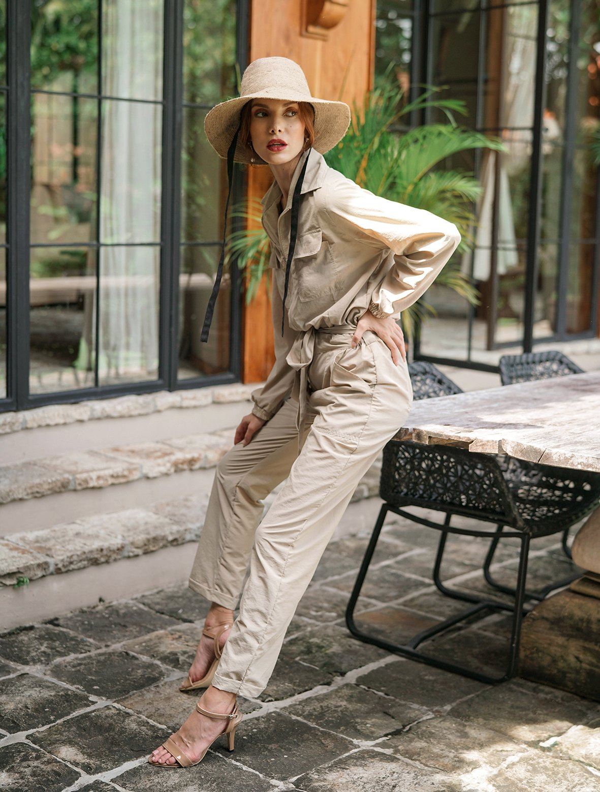 Amelia Recycled Utility Jumpsuit, in Sand Beige