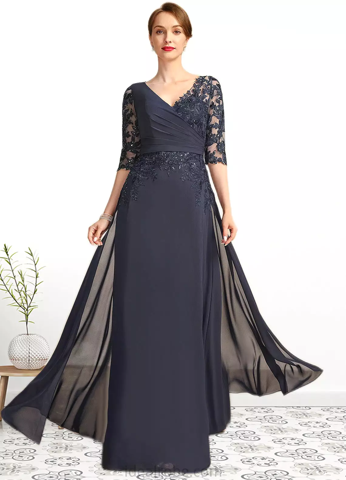 Anne A-line V-Neck Floor-Length Chiffon Lace Mother of the Bride Dress With Pleated Sequins STKP0021880