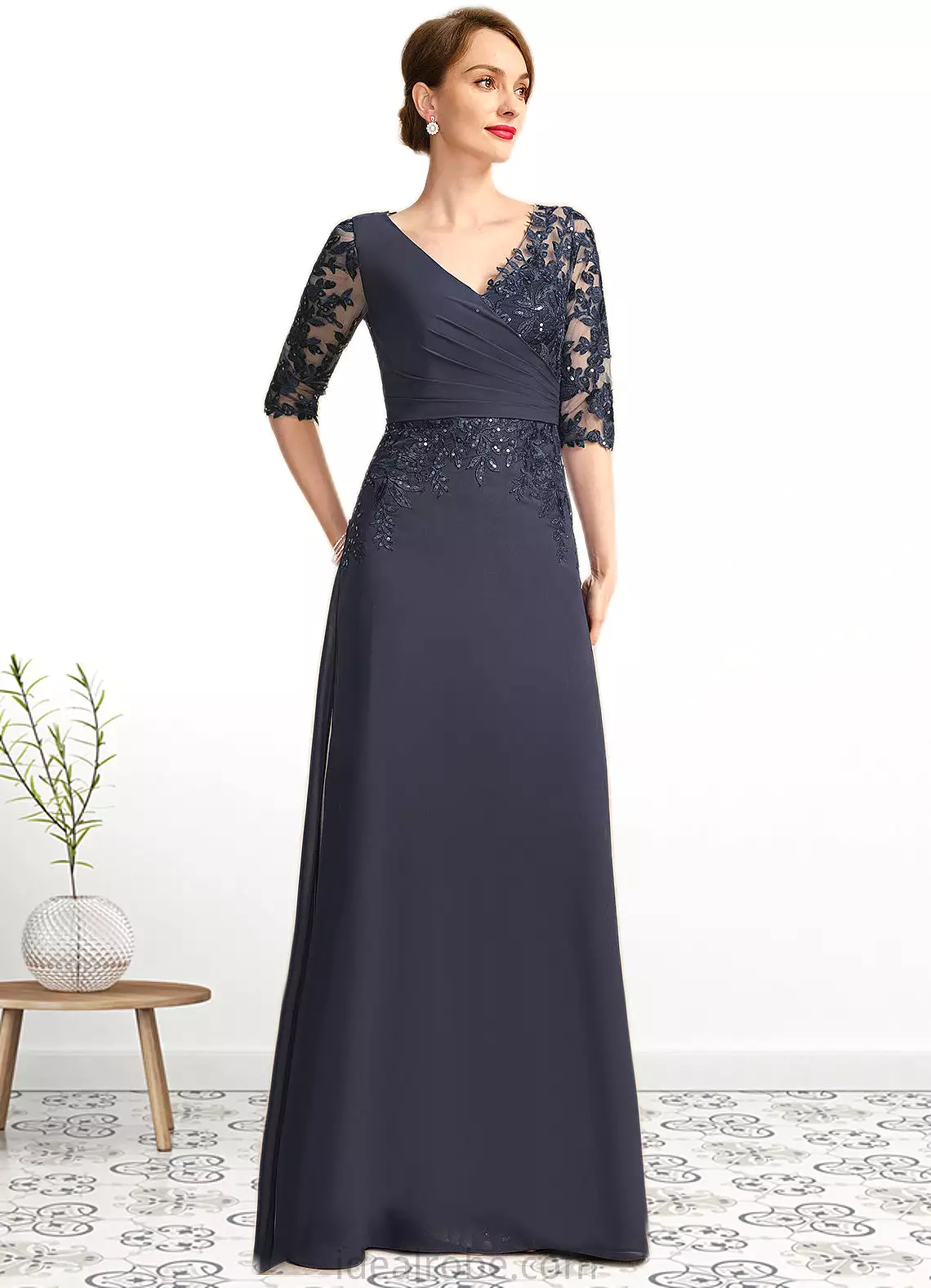 Anne A-line V-Neck Floor-Length Chiffon Lace Mother of the Bride Dress With Pleated Sequins STKP0021880