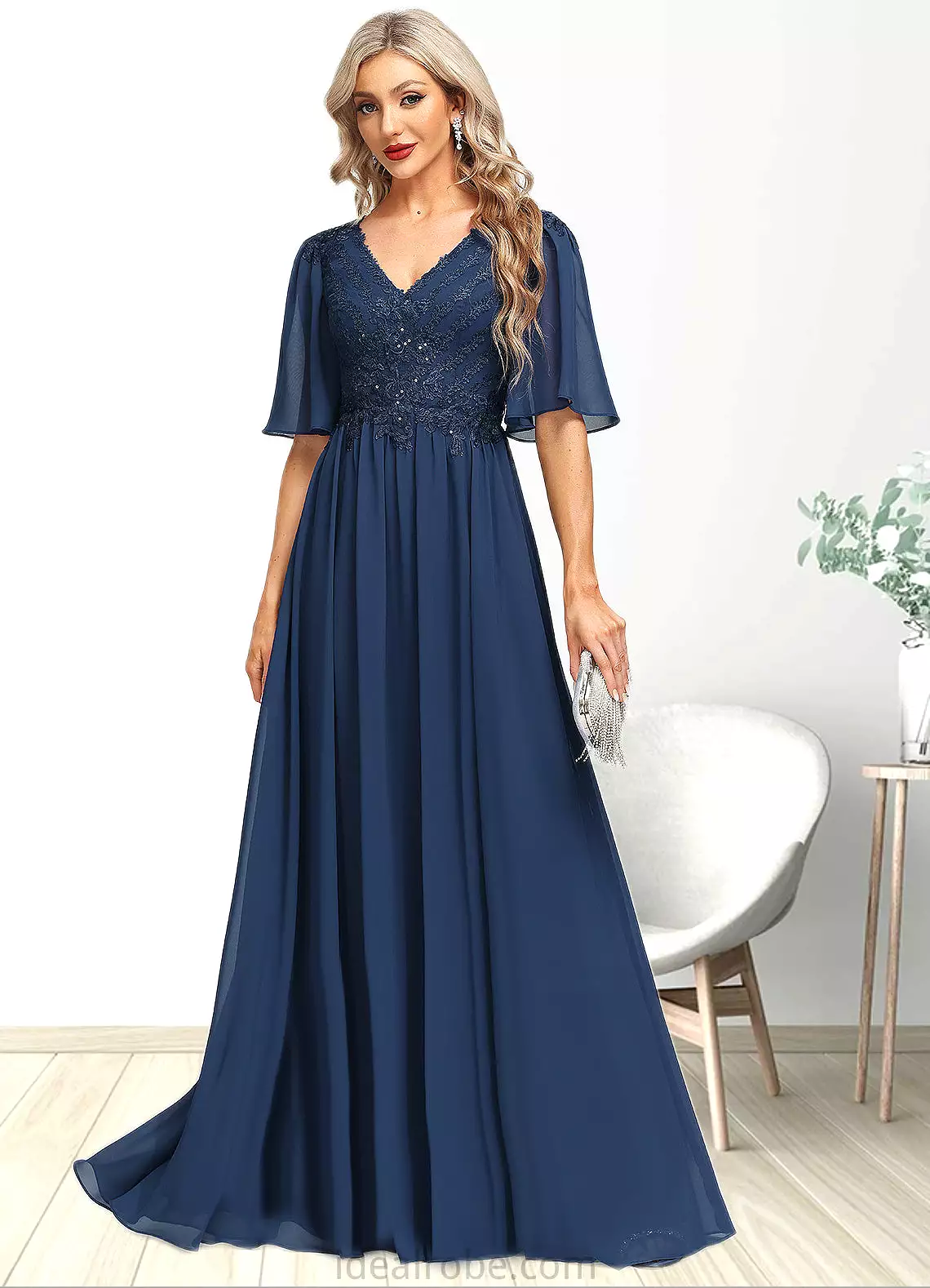 Anya A-line V-Neck Floor-Length Chiffon Lace Mother of the Bride Dress With Sequins STKP0021888