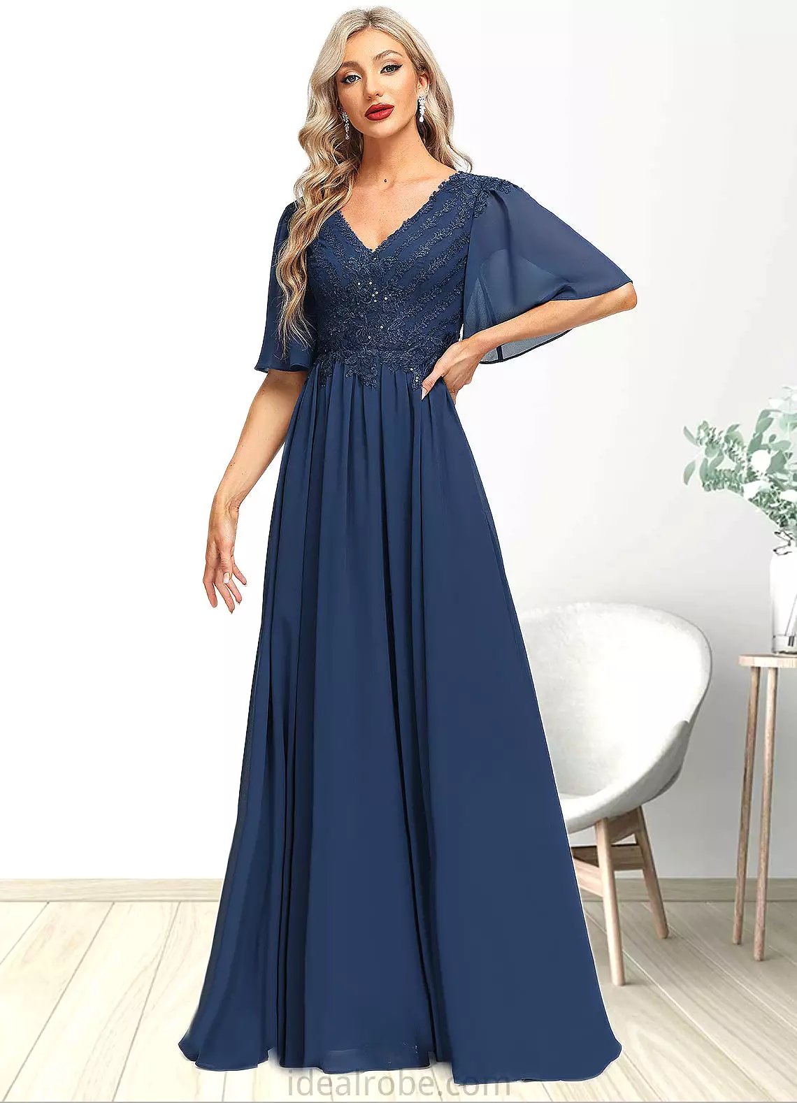 Anya A-line V-Neck Floor-Length Chiffon Lace Mother of the Bride Dress With Sequins STKP0021888