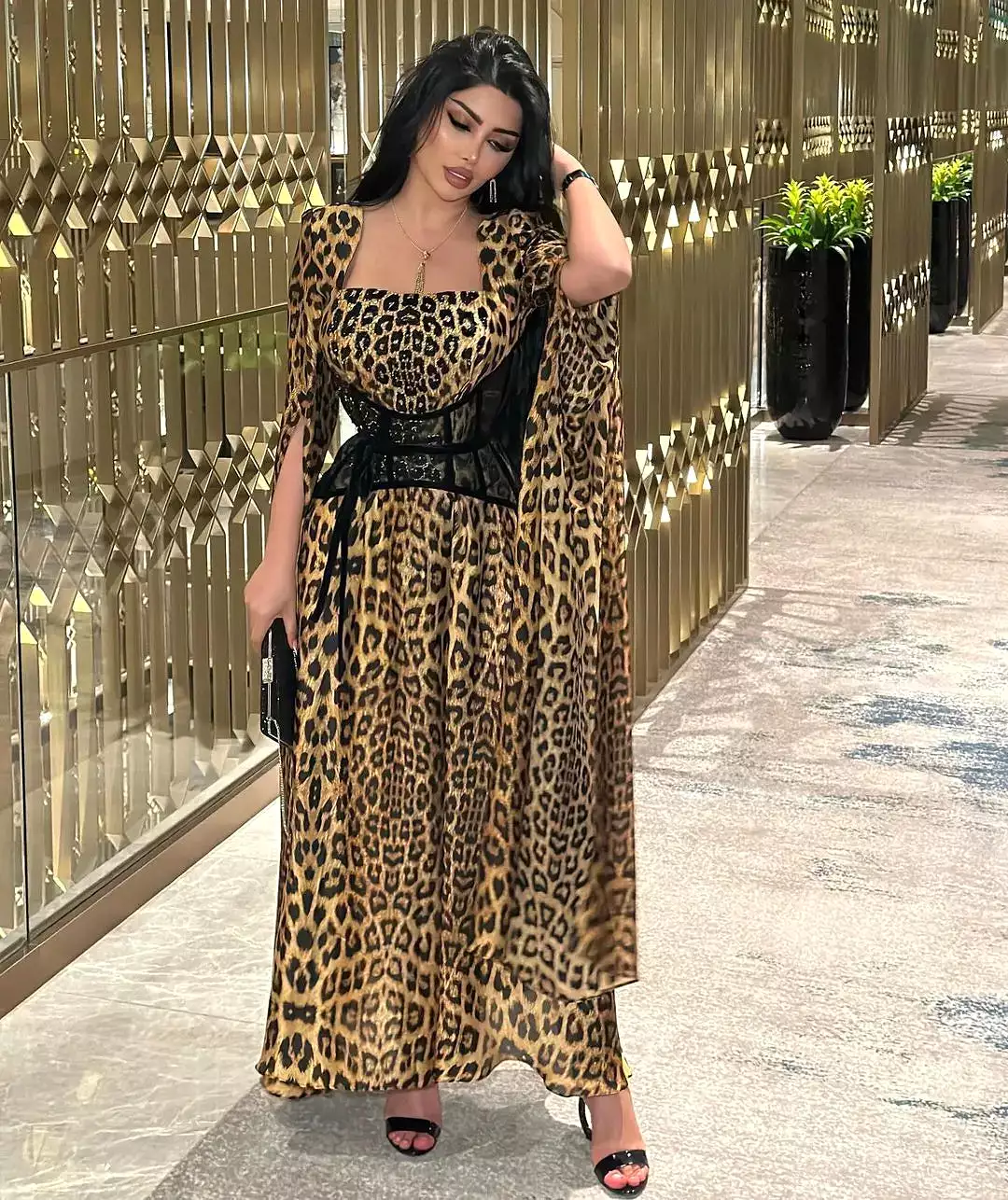 Arabia Fashion Leopard Print Long Sleeve Prom Dresses L S5059416