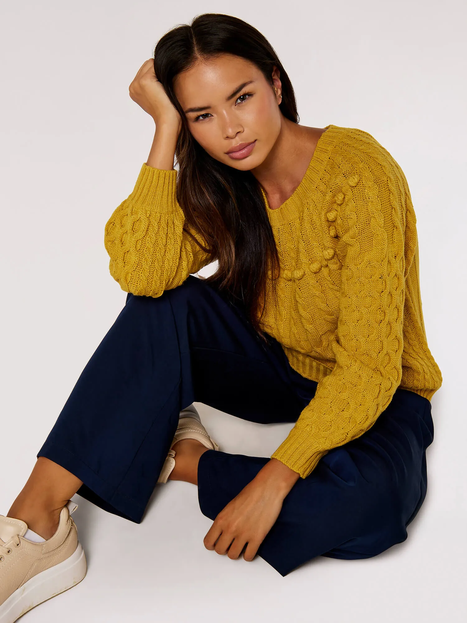 Aran Knit Pom Pom Jumper | Apricot Clothing