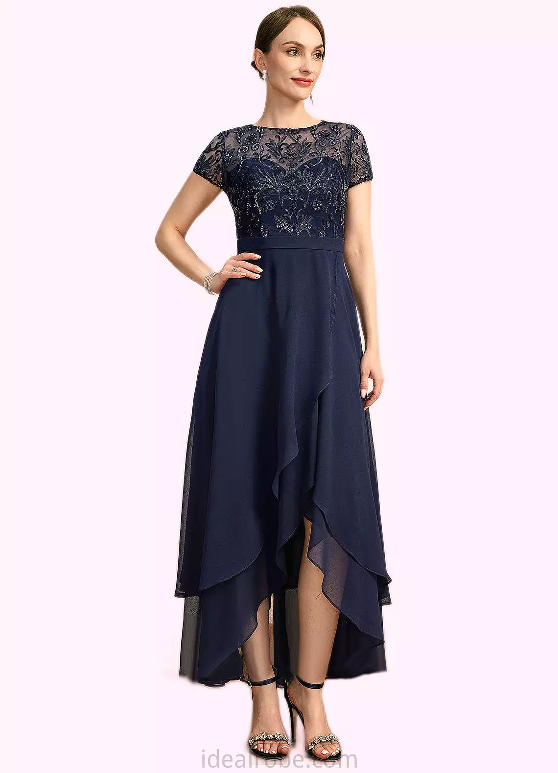 Ashleigh A-line Scoop Illusion Asymmetrical Chiffon Lace Mother of the Bride Dress With Sequins STKP0021902