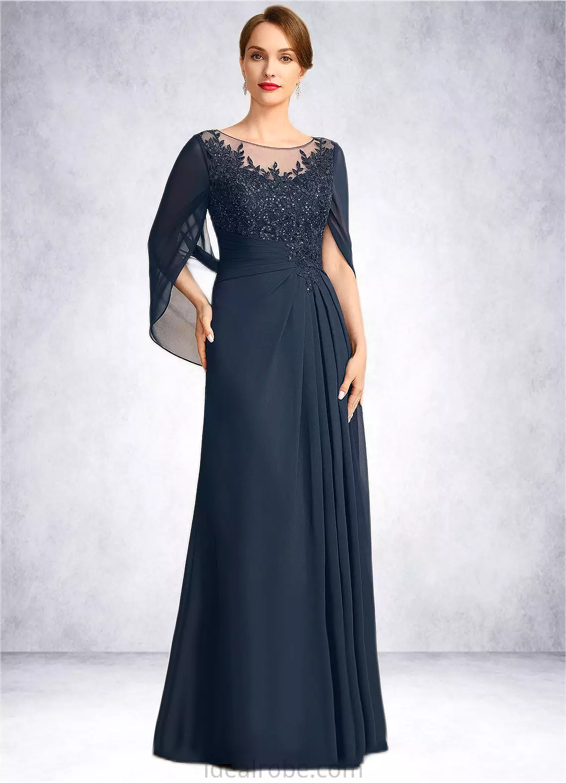 Aubrie A-line Scoop Illusion Floor-Length Chiffon Lace Mother of the Bride Dress With Pleated Sequins STKP0021625