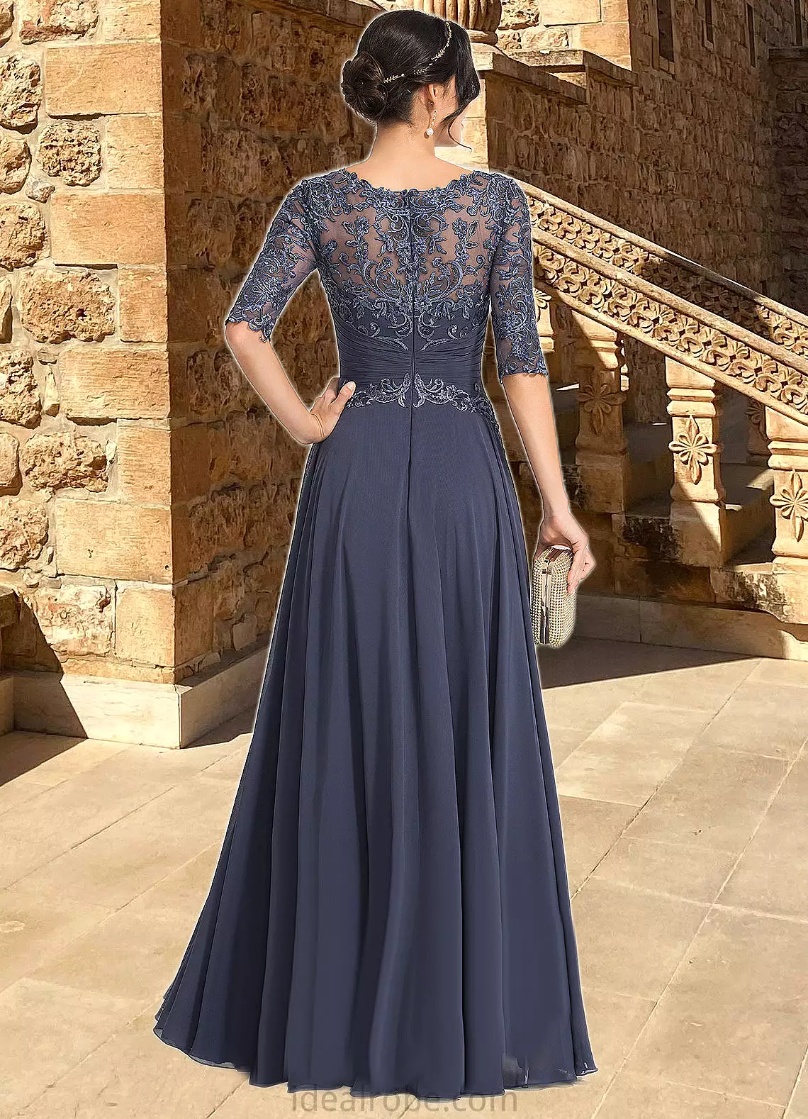 Audrey A-line Scoop Illusion Floor-Length Chiffon Lace Mother of the Bride Dress With Pleated Sequins STKP0021639