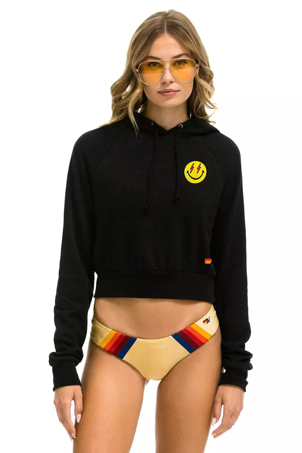 Aviator Nation SMILEY BOLT EYES CROPPED HOODIE - BLACK