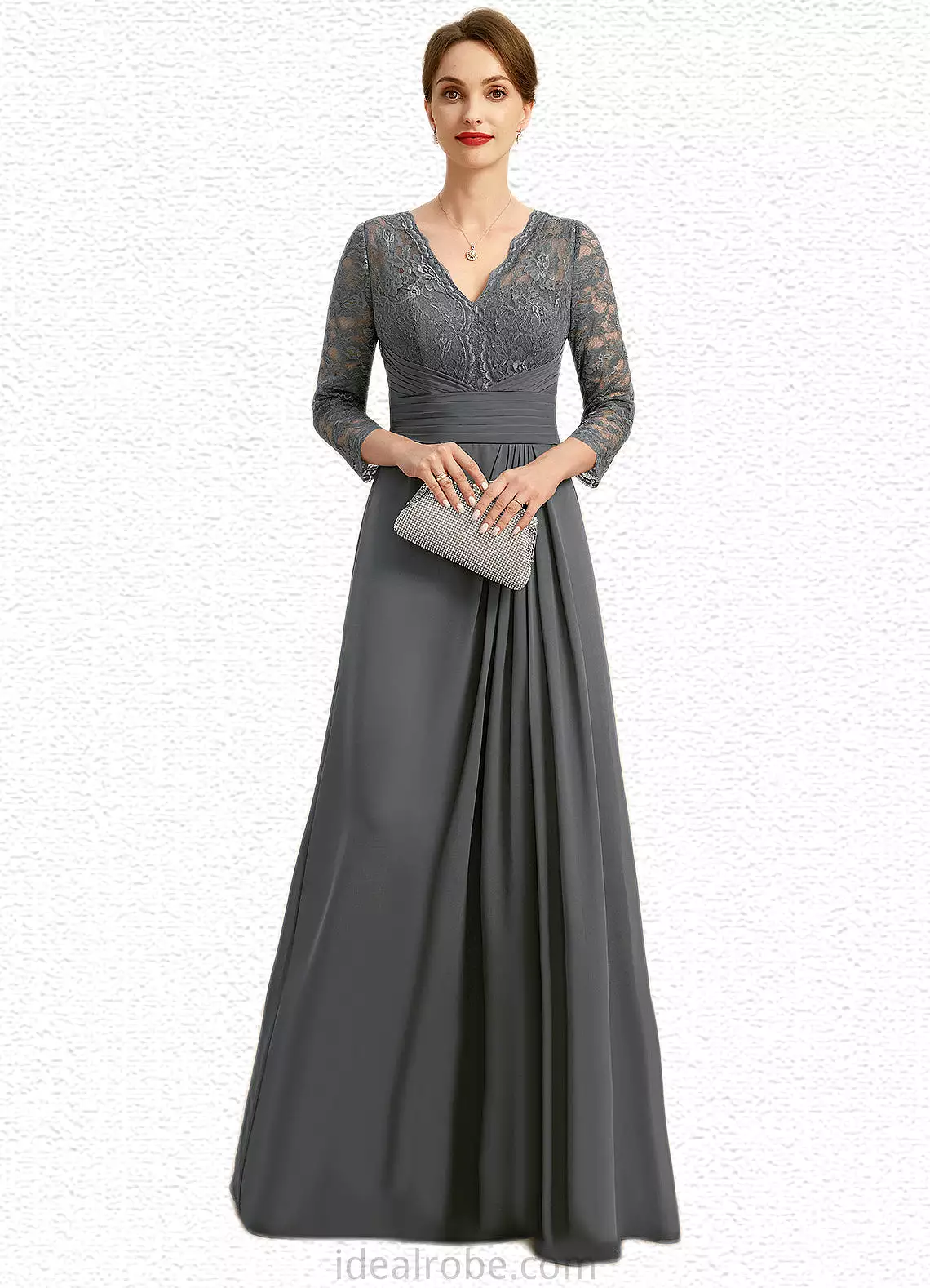 Barbara A-line V-Neck Floor-Length Chiffon Lace Mother of the Bride Dress With Pleated STKP0021850