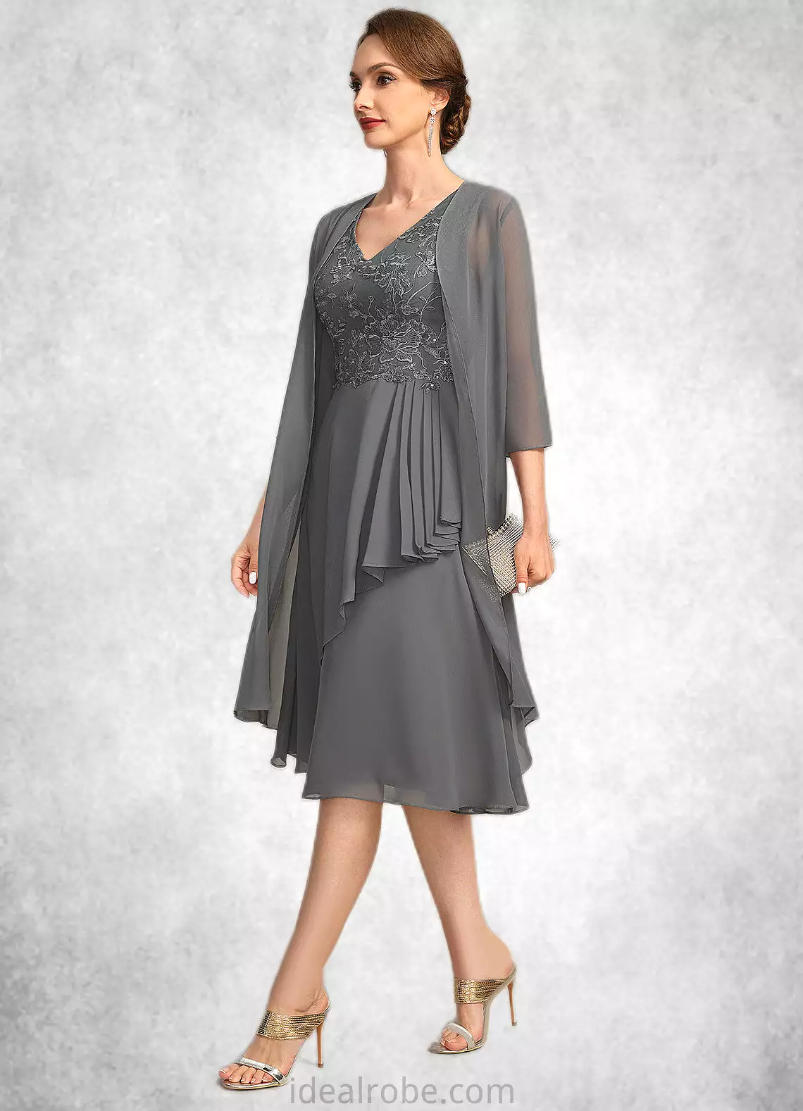 Baylee A-line V-Neck Knee-Length Chiffon Lace Mother of the Bride Dress With Cascading Ruffles Sequins STKP0021732