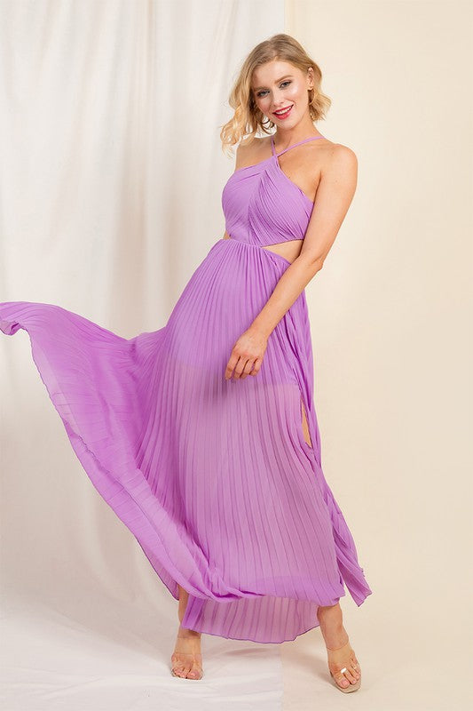 Beachside Halter Cut Out A-line Pleated Dress (Lavender)