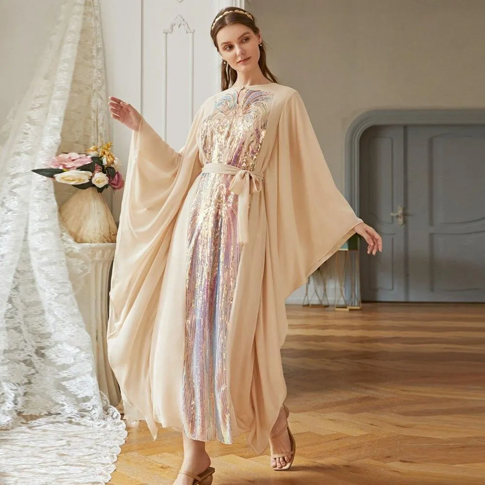 Beige Butterfly-Sleeve Colorful Squins Party Dress Middle East Ramadan Muslim Dress Arab Women's Robe Chiffon Belt Bow Vestioes