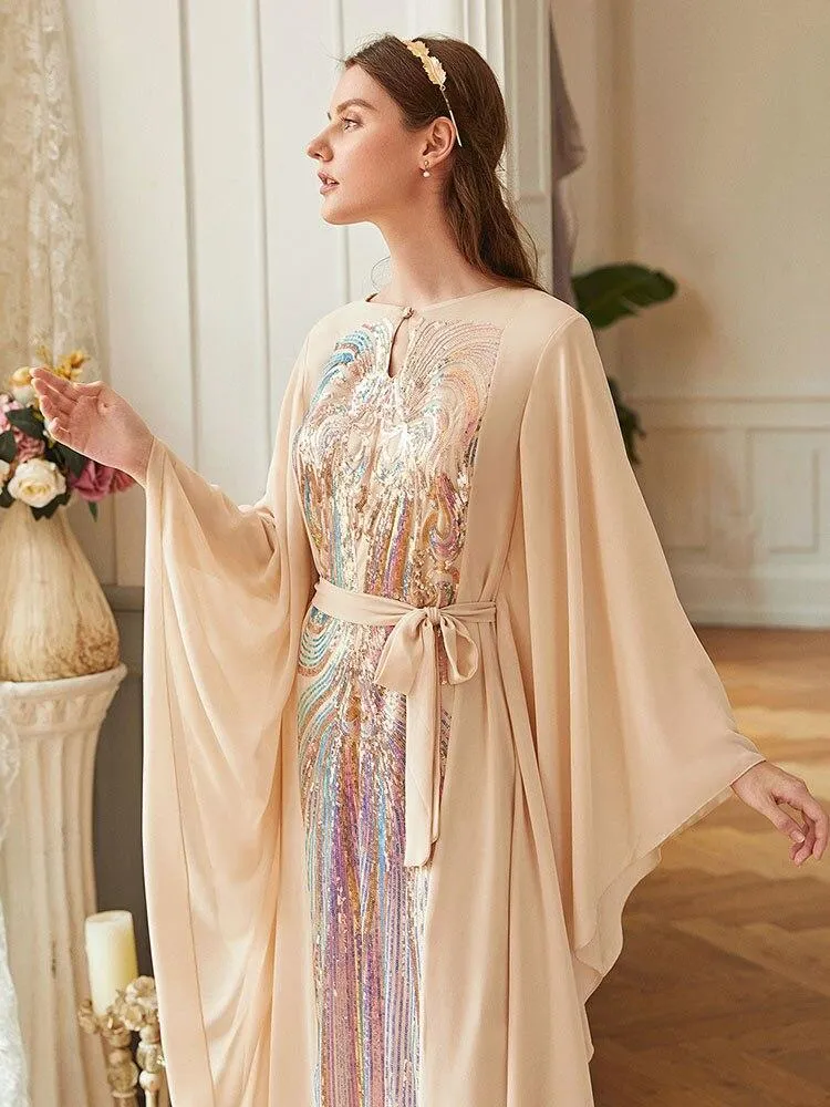 Beige Butterfly-Sleeve Colorful Squins Party Dress Middle East Ramadan Muslim Dress Arab Women's Robe Chiffon Belt Bow Vestioes