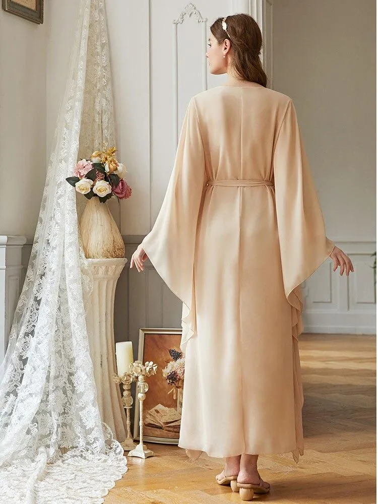 Beige Butterfly-Sleeve Colorful Squins Party Dress Middle East Ramadan Muslim Dress Arab Women's Robe Chiffon Belt Bow Vestioes