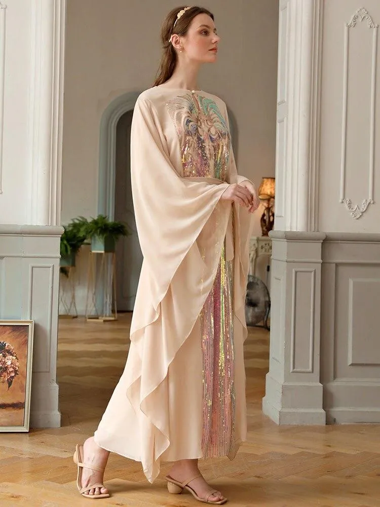 Beige Butterfly-Sleeve Colorful Squins Party Dress Middle East Ramadan Muslim Dress Arab Women's Robe Chiffon Belt Bow Vestioes