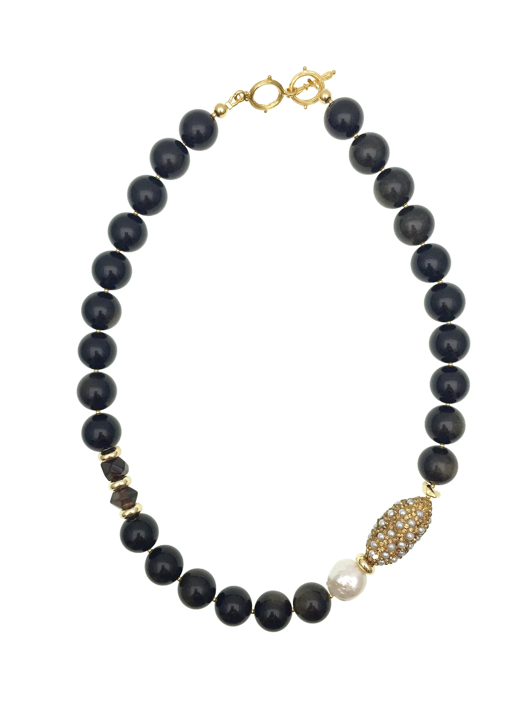 Black Obsidian With Freshwater Pearls Statement Necklace AN024