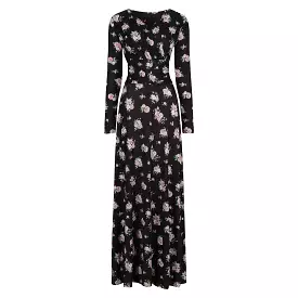 Black Pink Floral Print Long Sleeve Maxi Dress