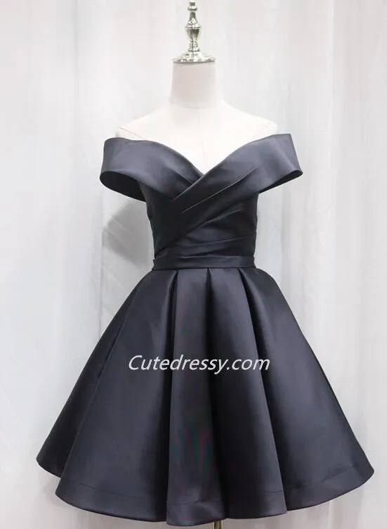 Black Satin Short Sweetheart Homecoming Dress Prom Dress, Black Bridesmaid Dresses