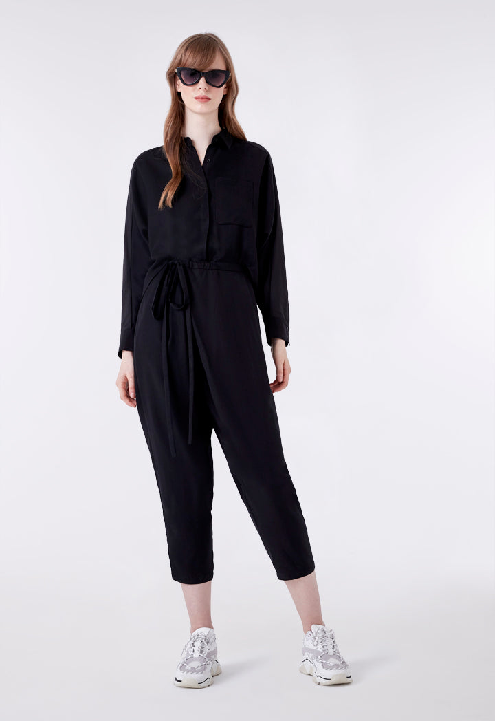 Black Tie Front Overlap Jumpsuit