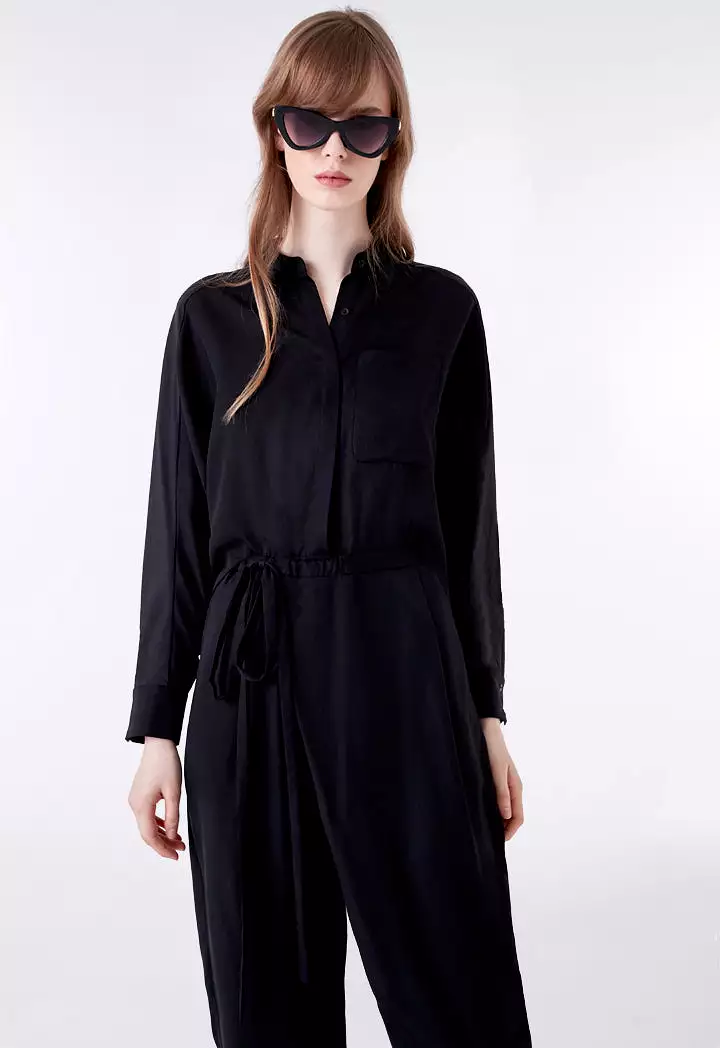 Black Tie Front Overlap Jumpsuit