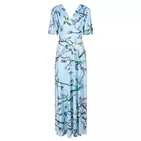 Blue Floral Print Waterfall Sleeve Maxi Dress