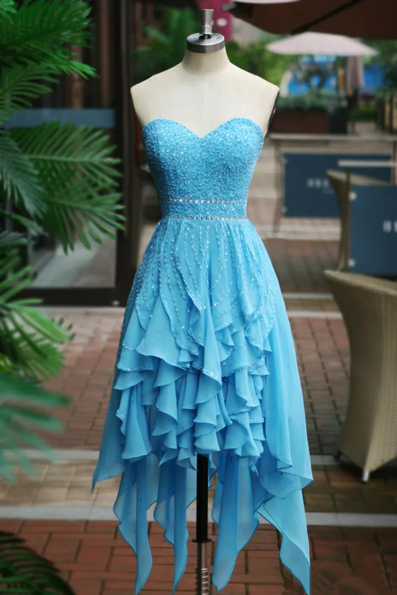 Blue High Low Beaded Lovely Homecoming Dresses, Blue Short Prom Dresses, Party Dresses