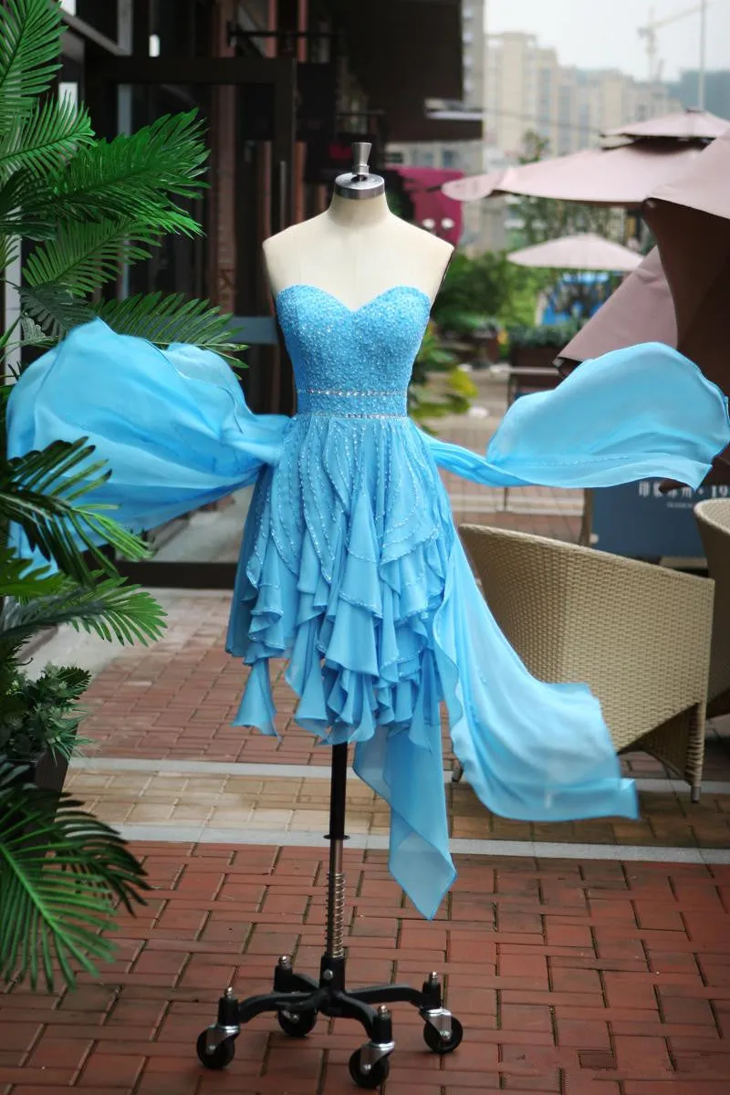 Blue High Low Beaded Lovely Homecoming Dresses, Blue Short Prom Dresses, Party Dresses