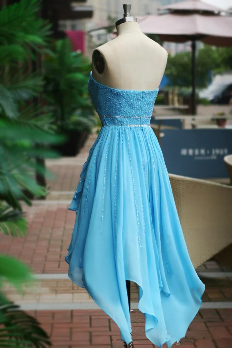 Blue High Low Beaded Lovely Homecoming Dresses, Blue Short Prom Dresses, Party Dresses