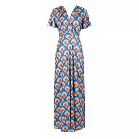 Blue Multi Geometric Print Waterfall Sleeve Wrapover Maxi Dress