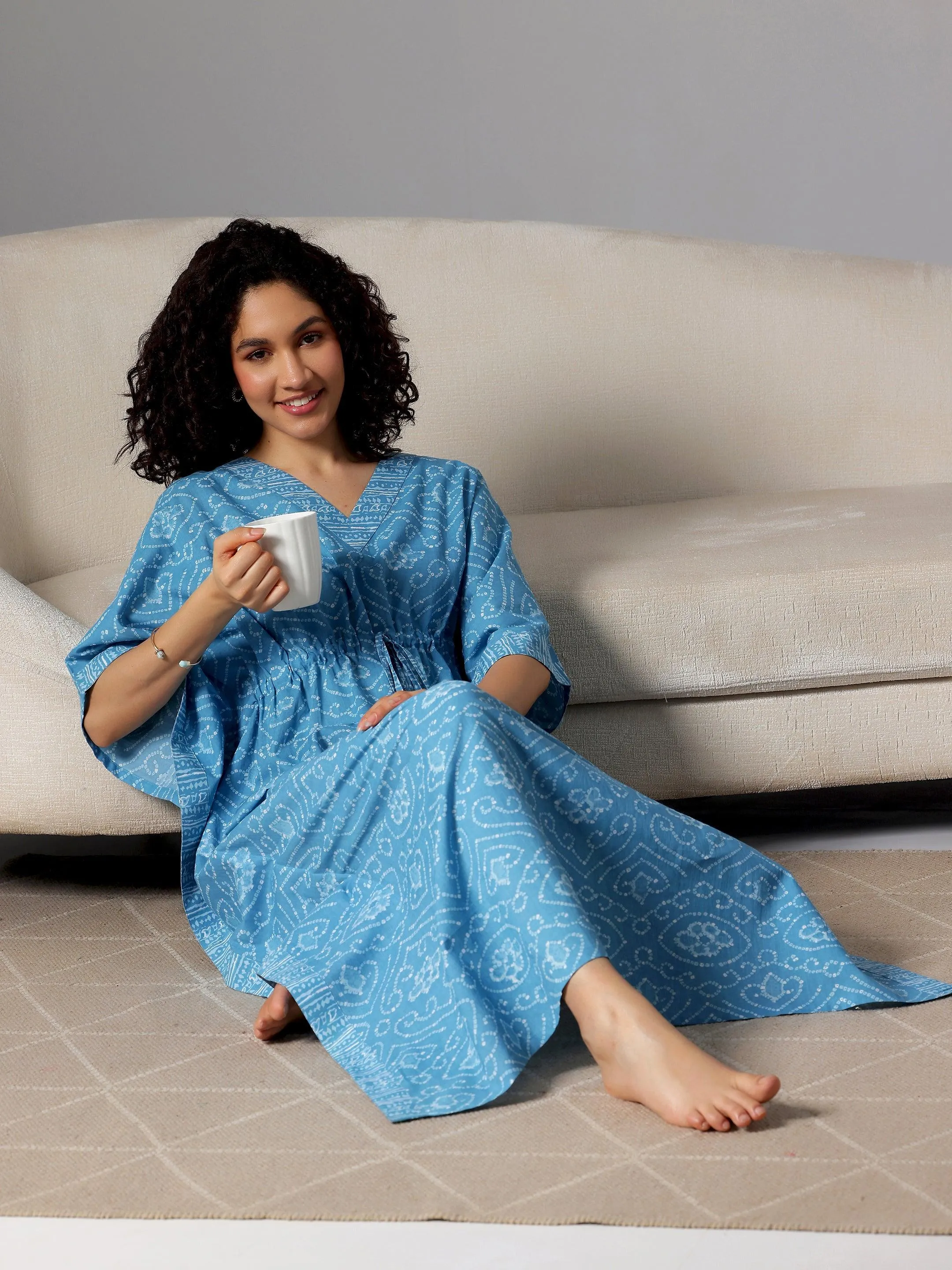 Blue Printed Cotton Kaftan Night Dress